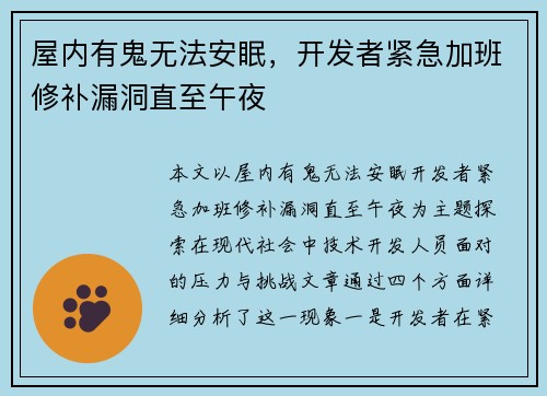 屋内有鬼无法安眠,开发者紧急加班修补漏洞直至午夜 屋内有鬼无法安眠,开发者紧急加班修补漏洞直至午夜